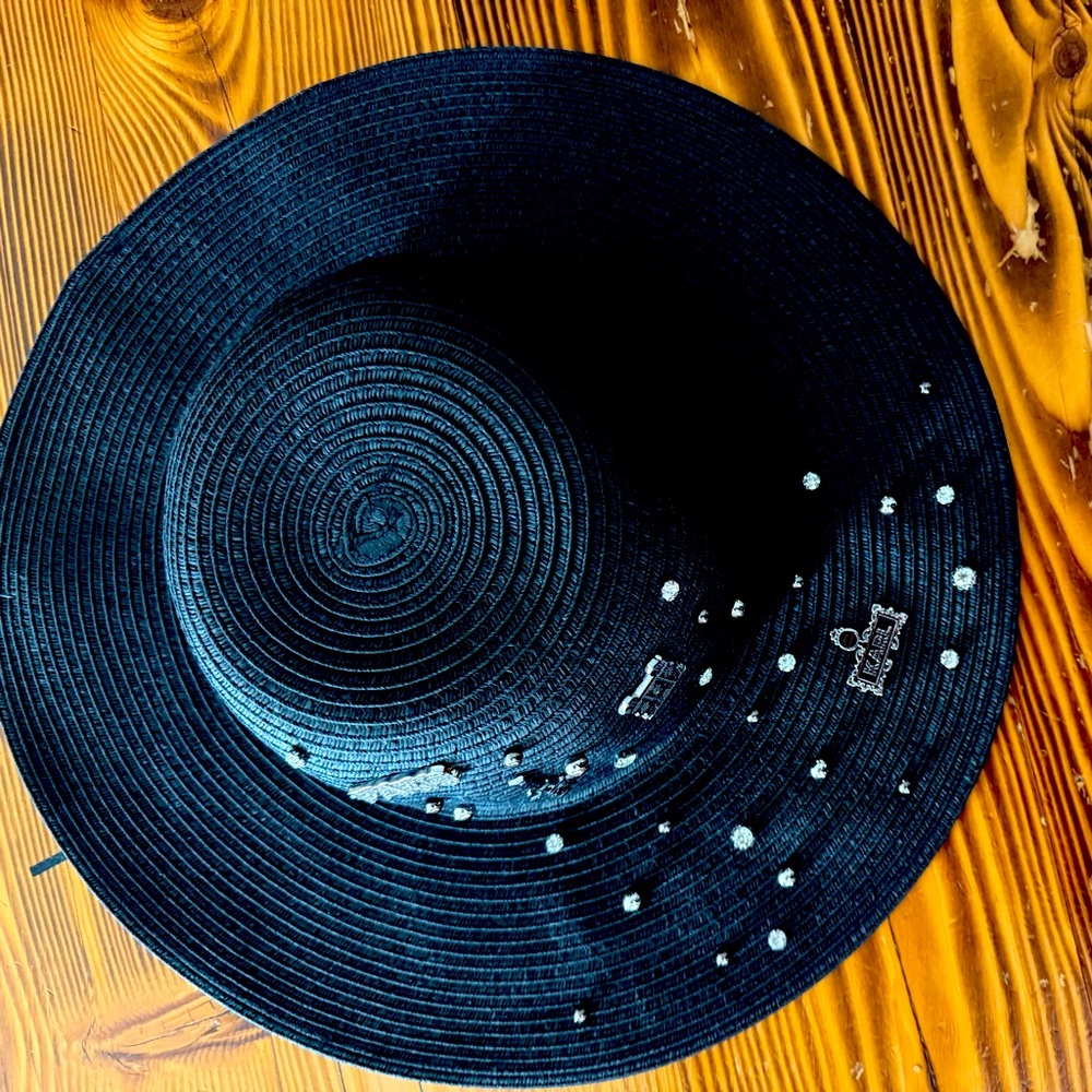 Karl Lagerfeld Black Paper Blend Wide Brim Sun Hat Pin & Stud Accents New
